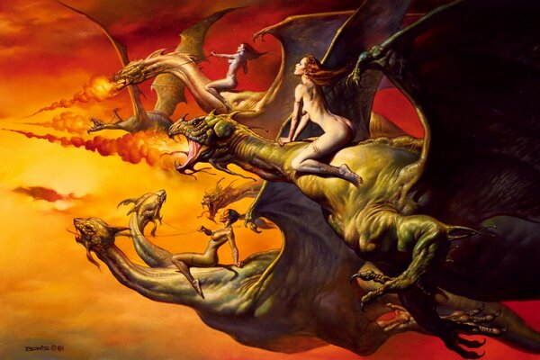 Mujeres desnudas volando en el cielo en dragones