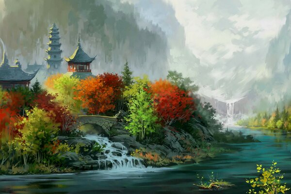 Chinas handgezeichnete Herbstlandschaft