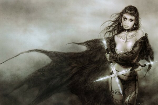 Сексапильная девушка с яркими мечами