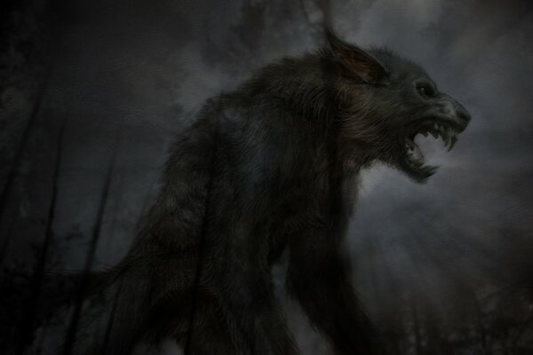 A black Werewolf in a gray haze