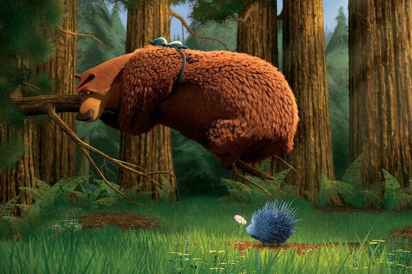 A funny fragment from a children s cartoon. A huge bear climbed on a branch