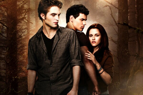 The characters of the twilight saga against the background of a mystical, fog-shrouded forest