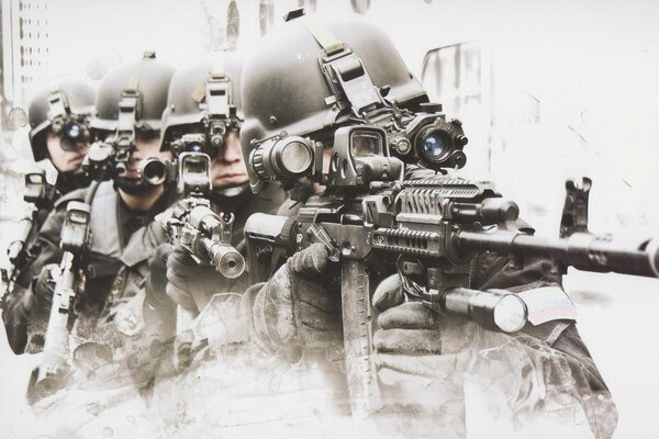 Special forces group with machine guns