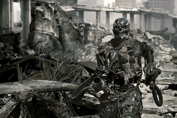 Terminator with a machine gun on the background of a destroyed city