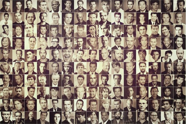 Kolaż czarno-białych zdjęć aktorów z Hollywood