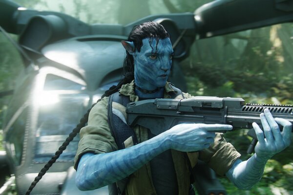 A shot from the movie avatar with a gun