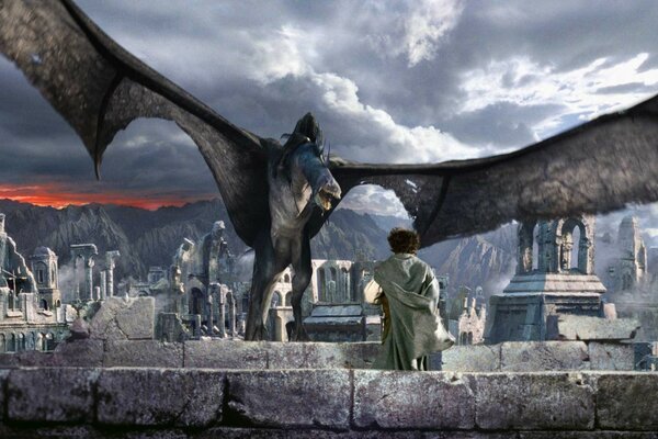 El ataque de la criatura alada Sauron de la película el Señor de los anillos