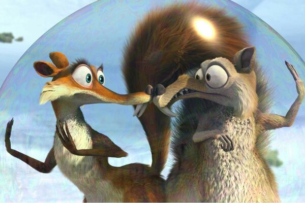 Deux écureuils dans une bulle du dessin animé Ice Age