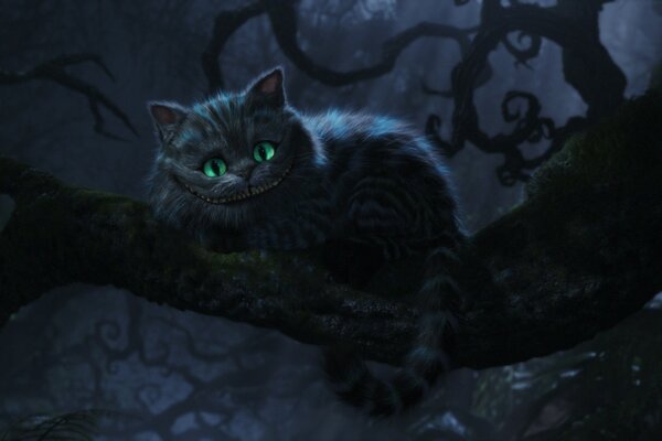 Cheshire cat with a big smile on a tree