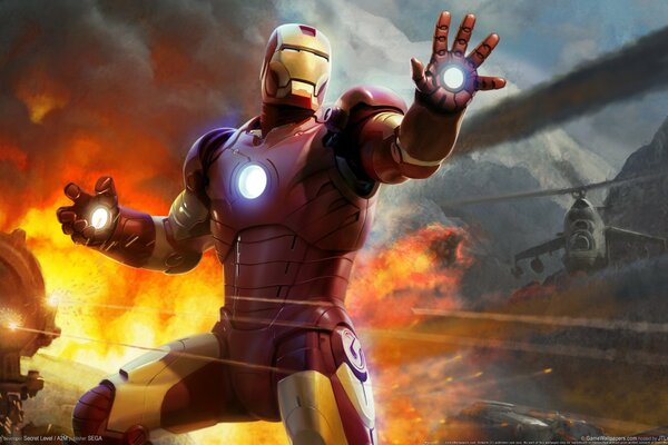 Iron Man walczy na tle ognia