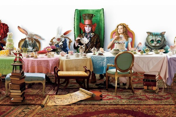 The characters of the film Alice in Wonderland at the table