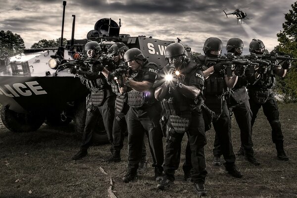 Fearless American police officers with SWAT guns