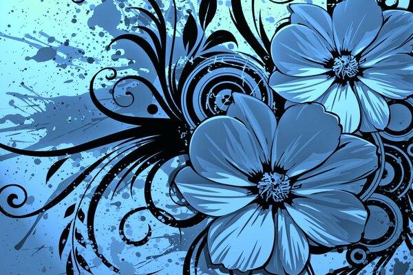 Blau-schwarzes Muster mit Blumen und Flecken