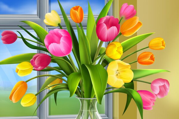 A bouquet of tulips in a vase near the window