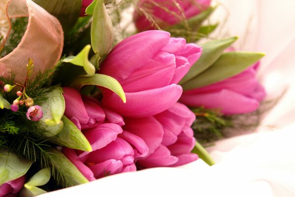 Festive bouquet of pink tulips