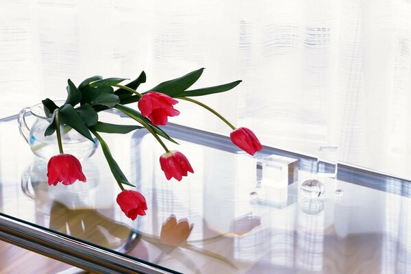 Wilted tulips in a transparent jug on a transparent table