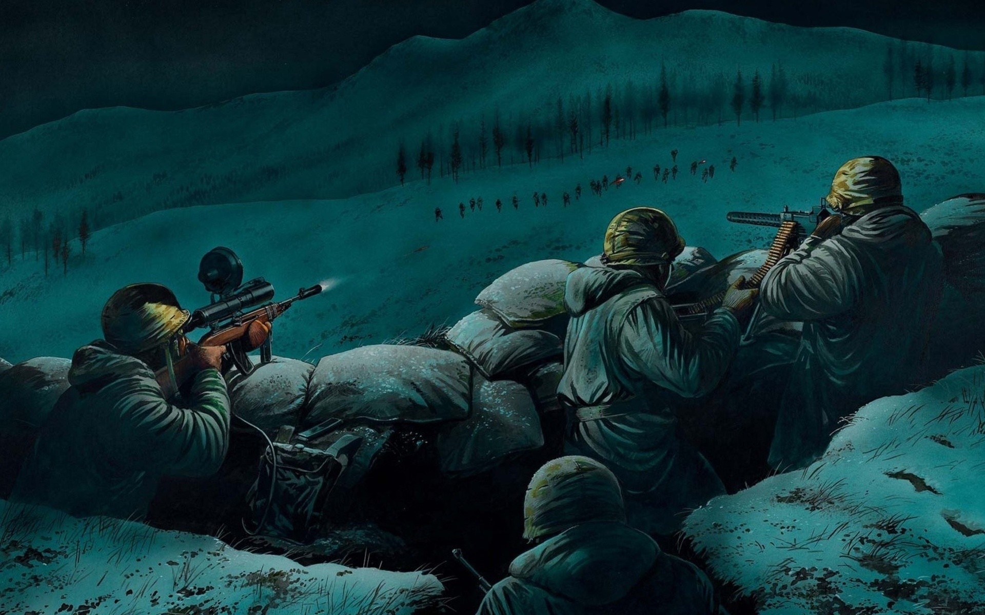 art nuit soldats combat fortifié point montagnes