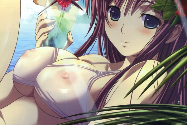 Anime girl avec de gros seins se trouve dans un hamac et tient un cocktail dans sa main