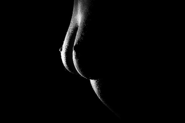 Black and white photo of a naked female breast