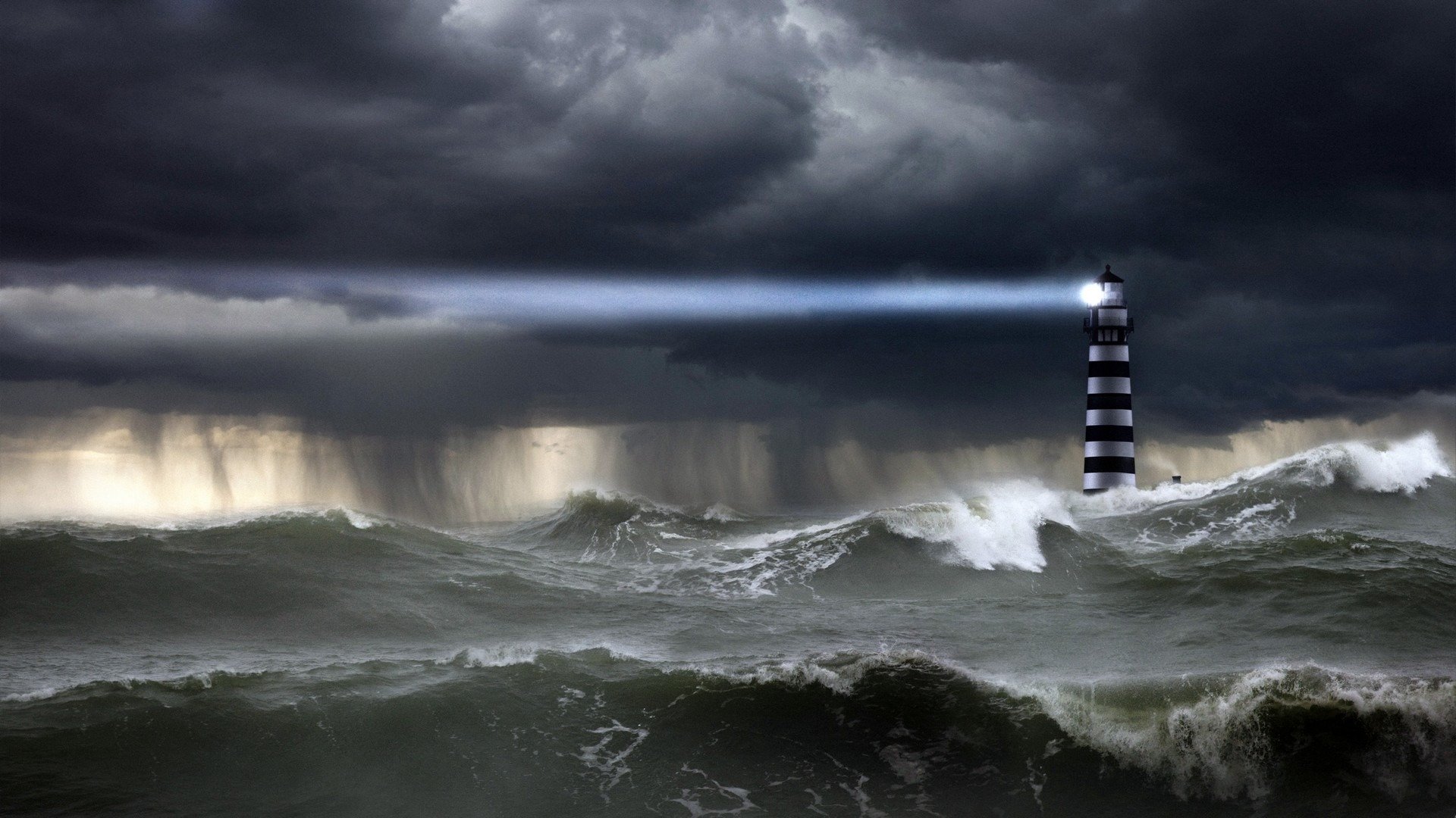 océan tempête vagues ciel nuages pluie averse phare faisceau lumière élément