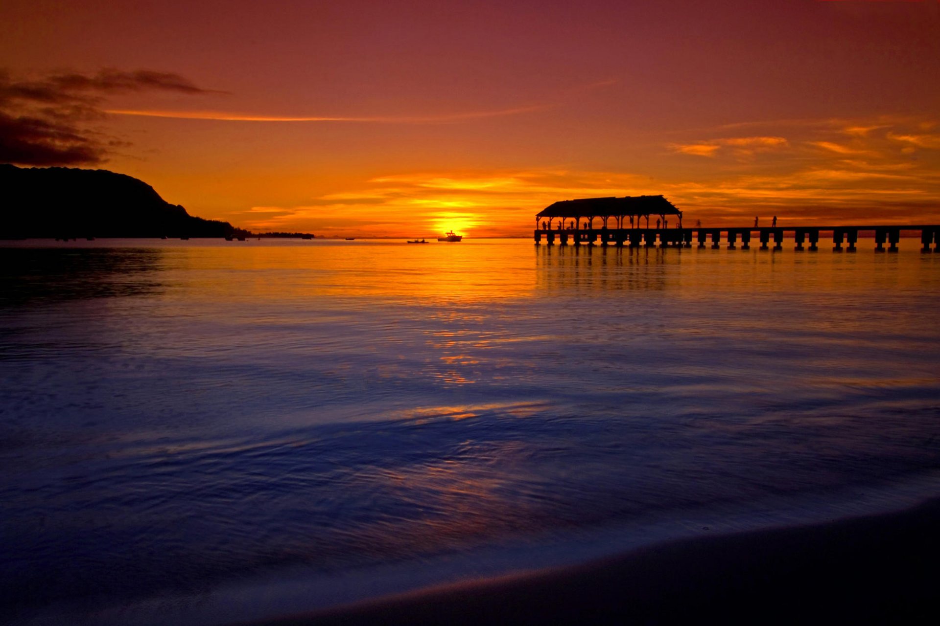 puesta de sol muelle costa superficie del agua