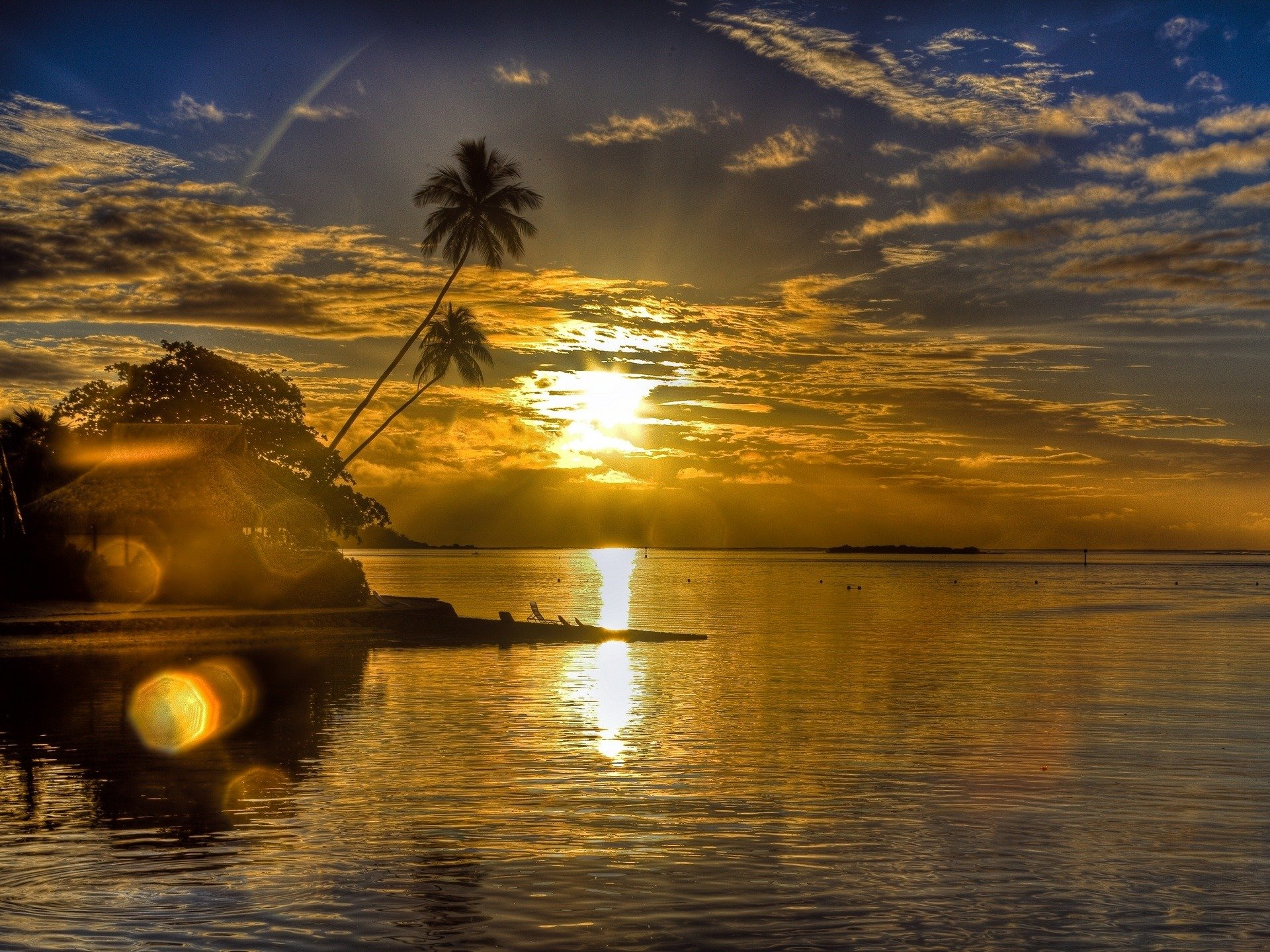 landscape sea palm beach bungalow sunset sun reflections night cloud