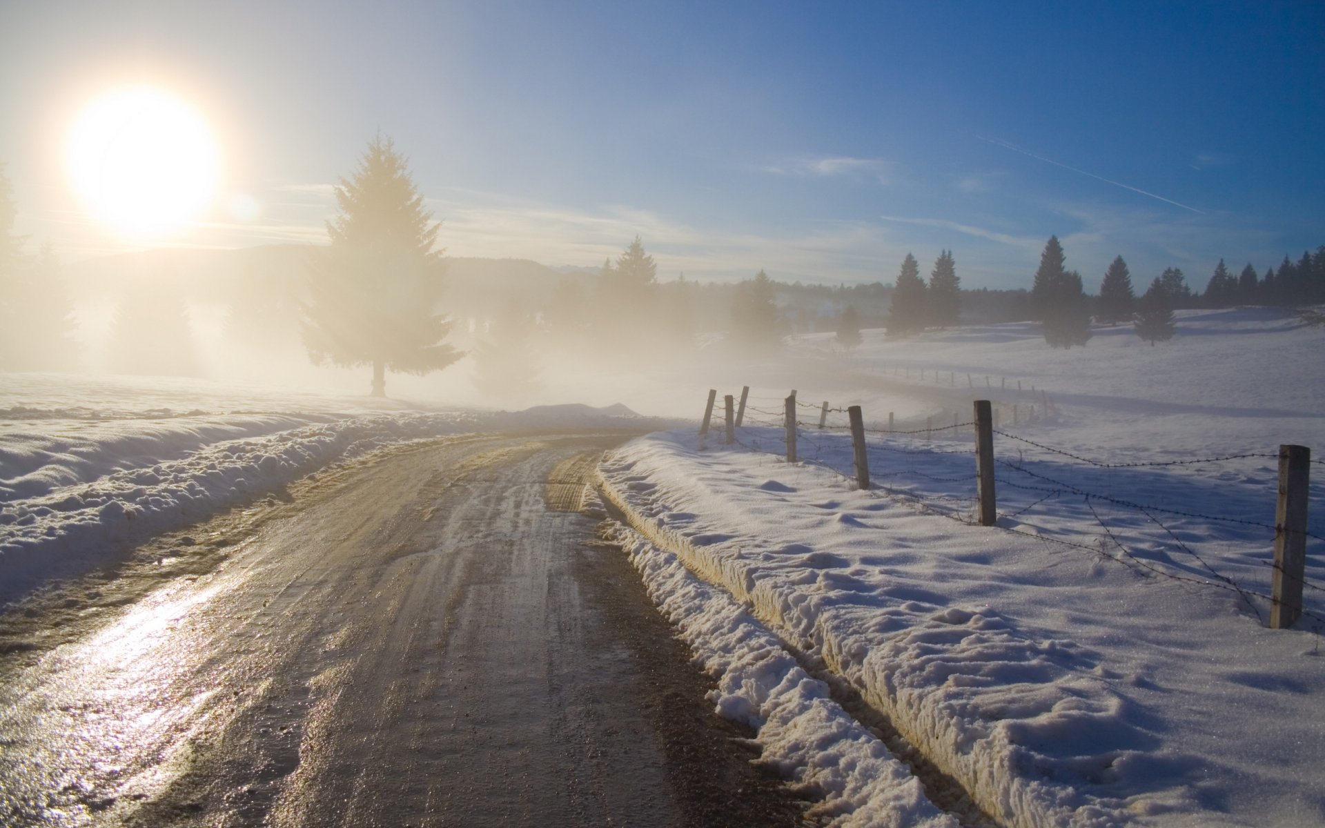 dawn winter photos landscapes nature sun sky morning trees tree road roads fences fog haze canon eos 350d digital