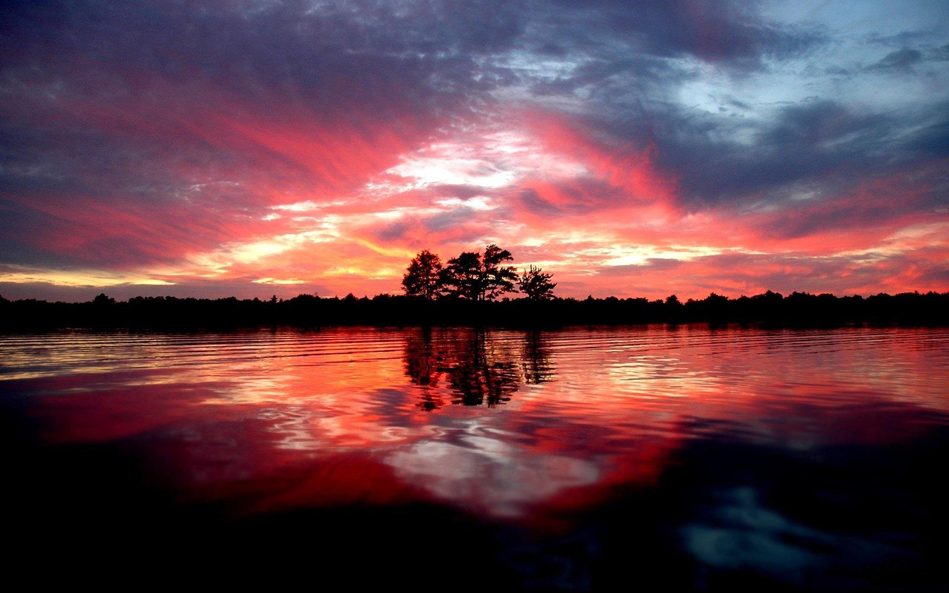 paysage soir coucher de soleil rivière côte forêt arbres