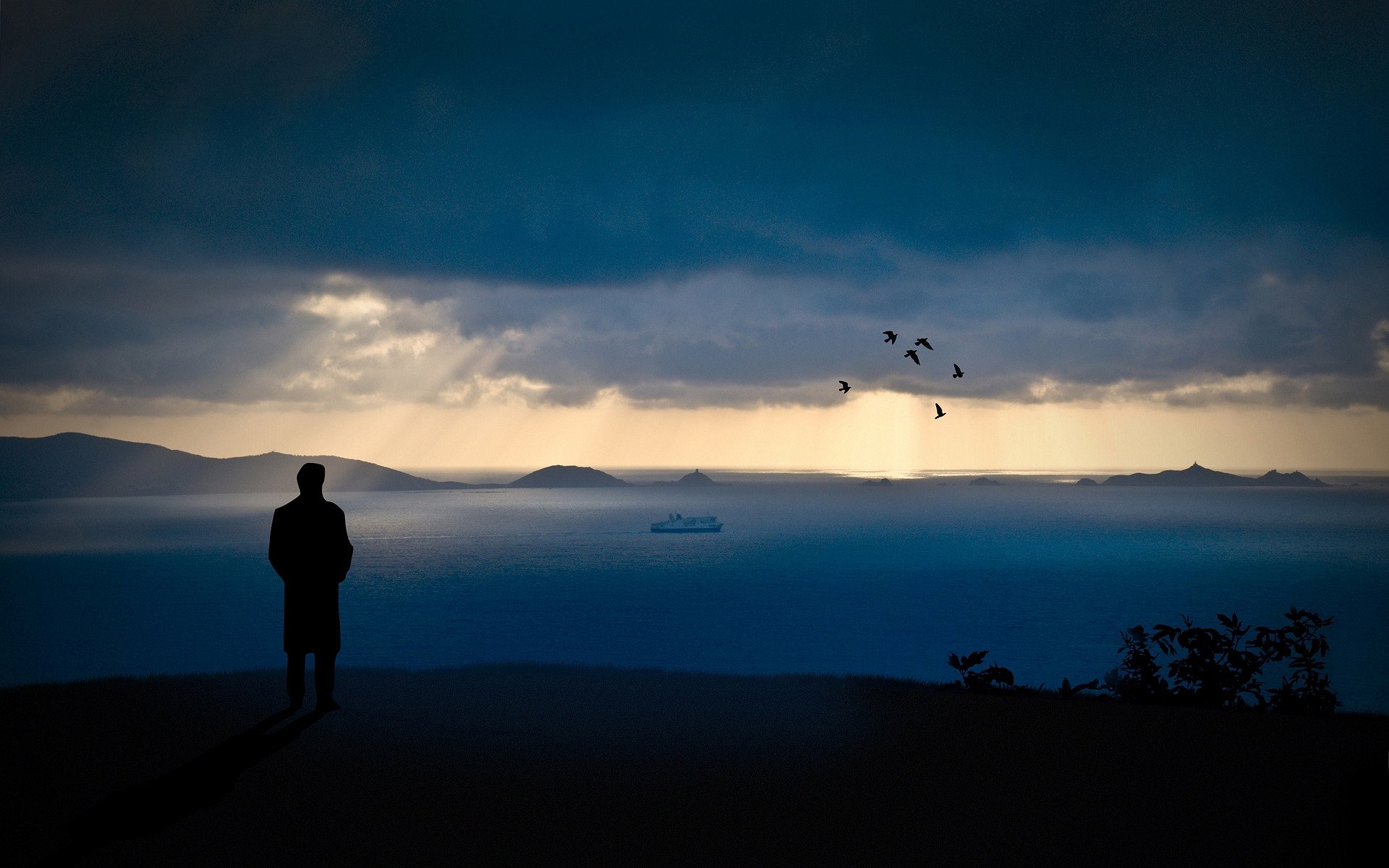 stati d animo umore persone uomo uomini ragazzi stile paesaggio acqua rocce montagne vista cielo notte sera romanticismo