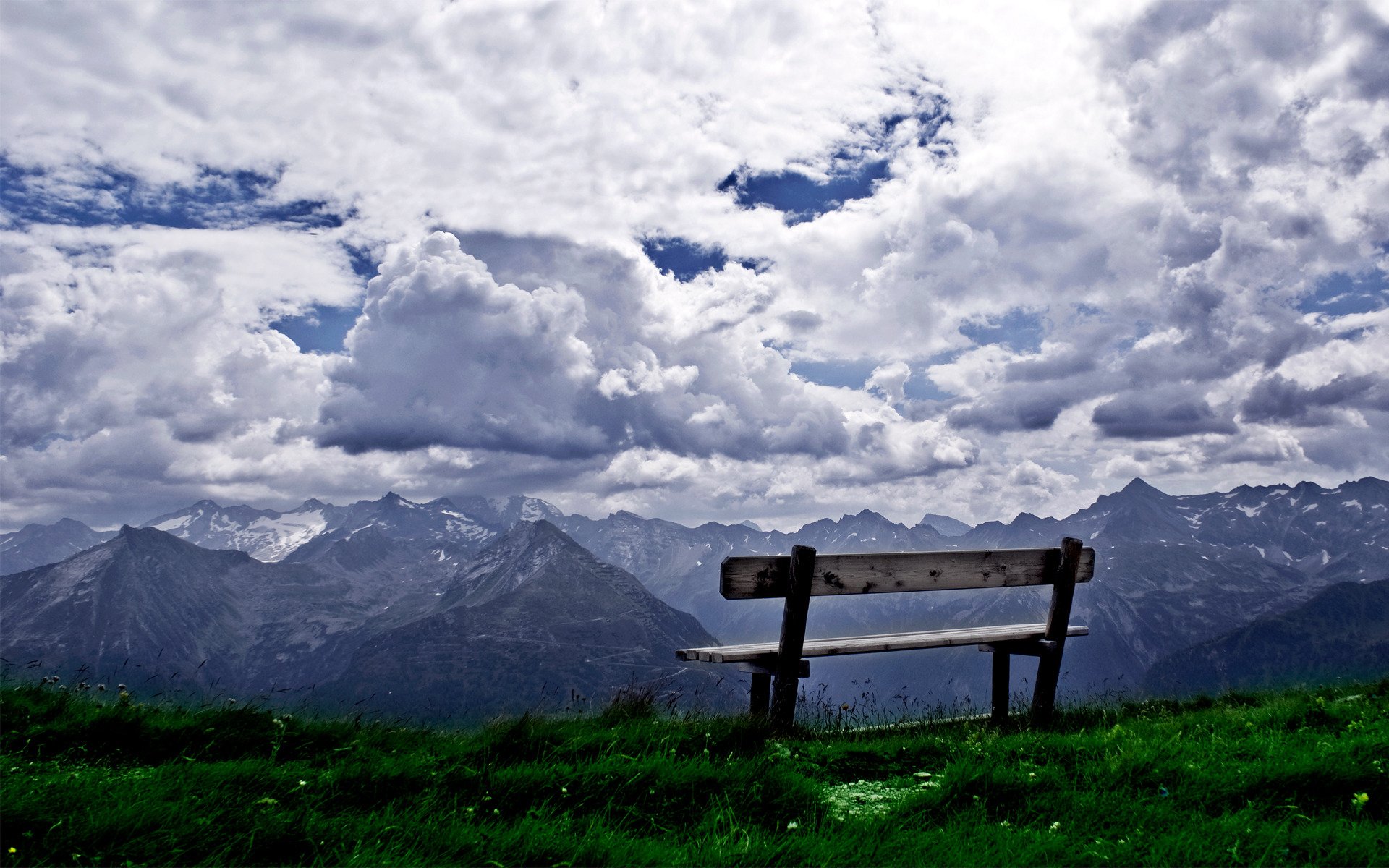 landscape grass mountain sky beauty nature bench