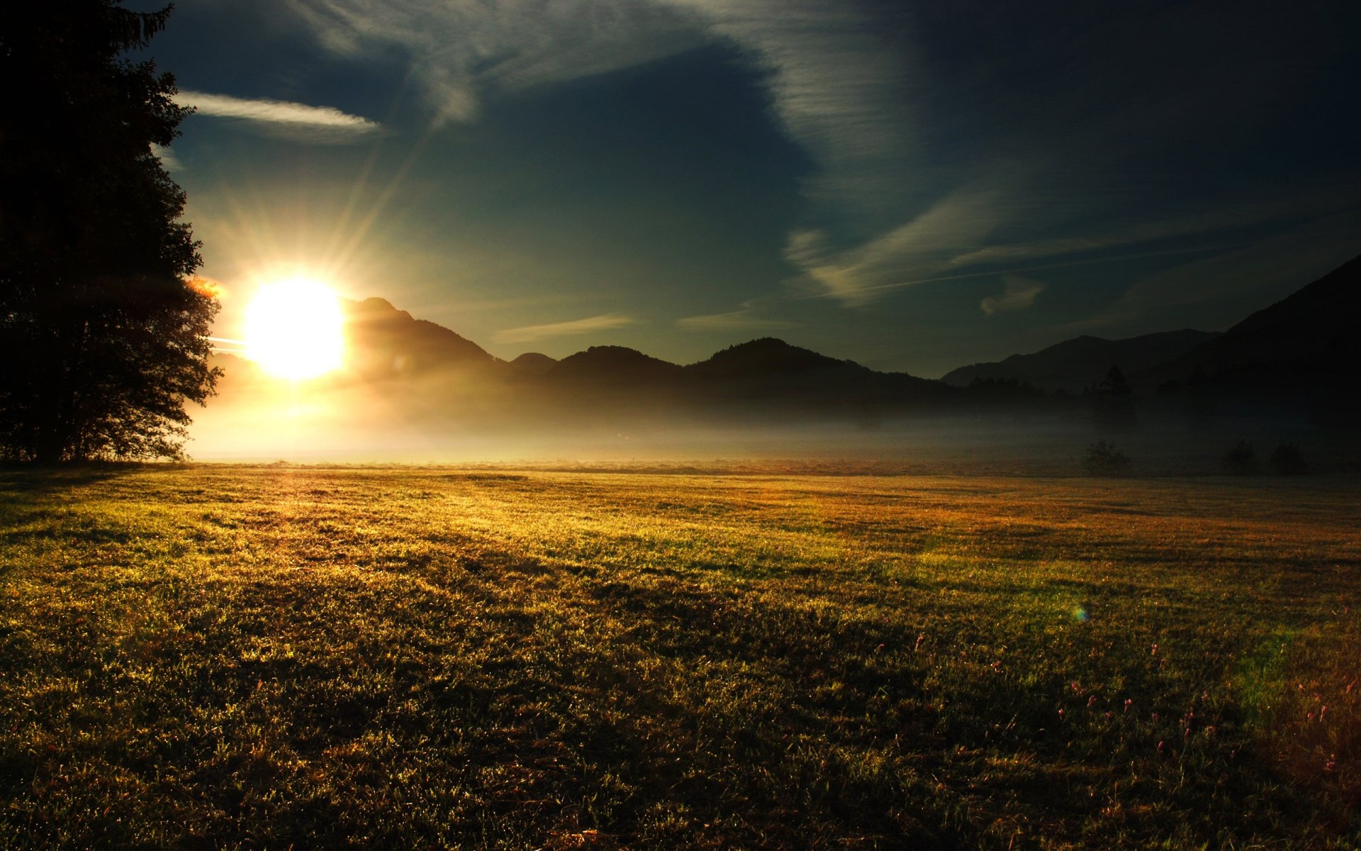 champ herbe montagnes collines arbres soleil rayons lumière matin ciel nuages nature paysage