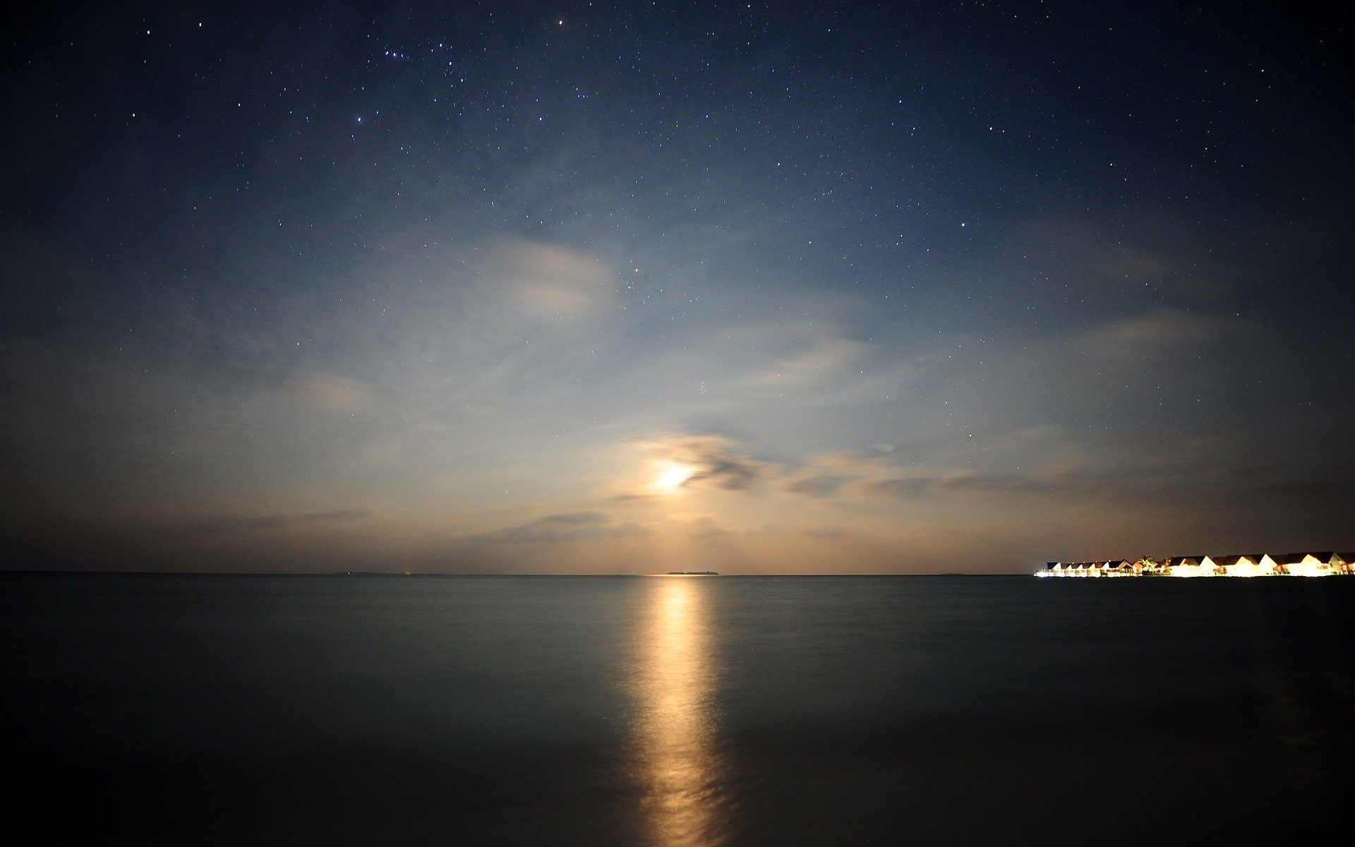 le coucher du soleil paysage maldives vue maison lumière lumières nuit étoile eau mer océan ciel ciel surface espaces silence beauté