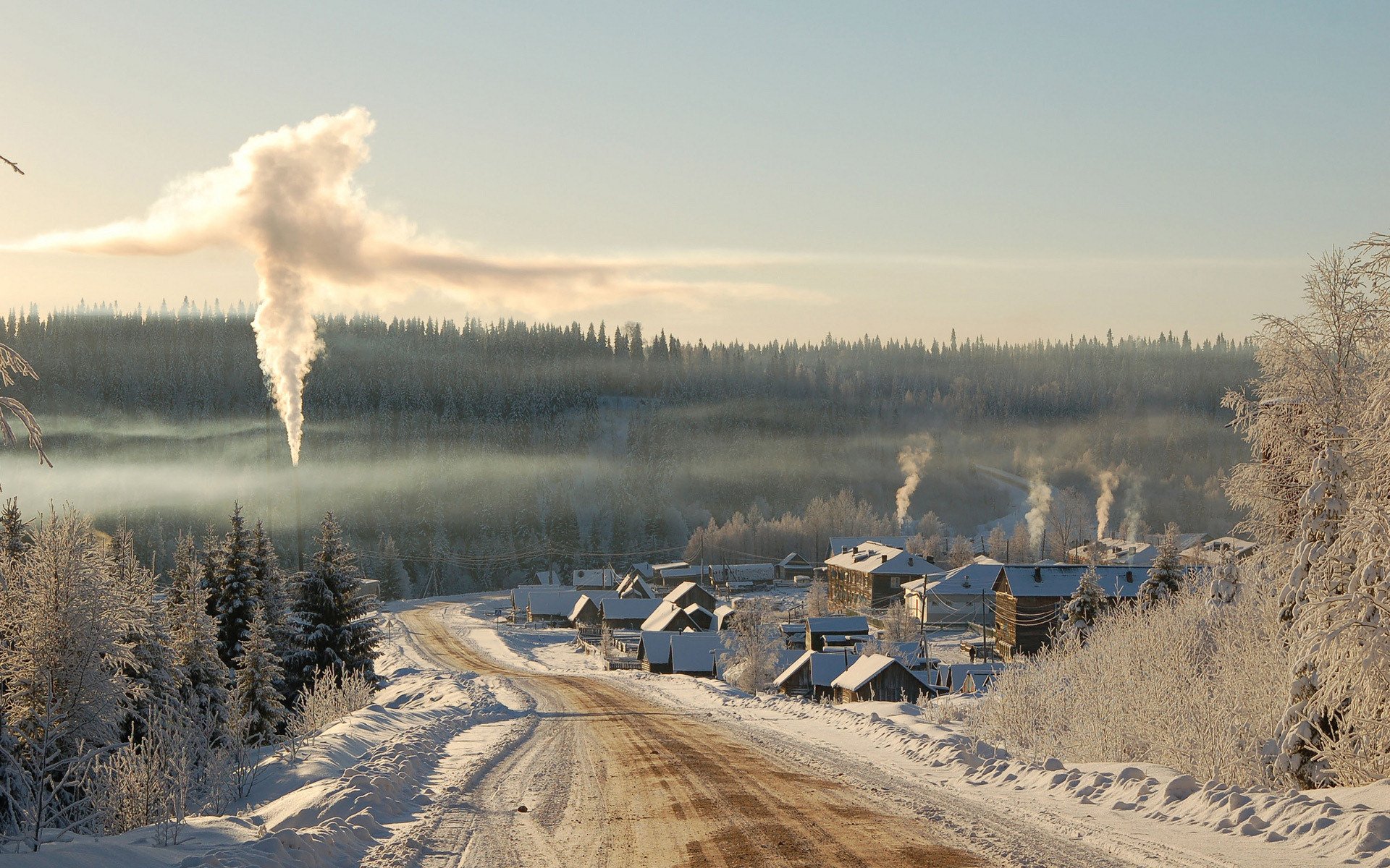 inverno neve case alberi fumo strada strade