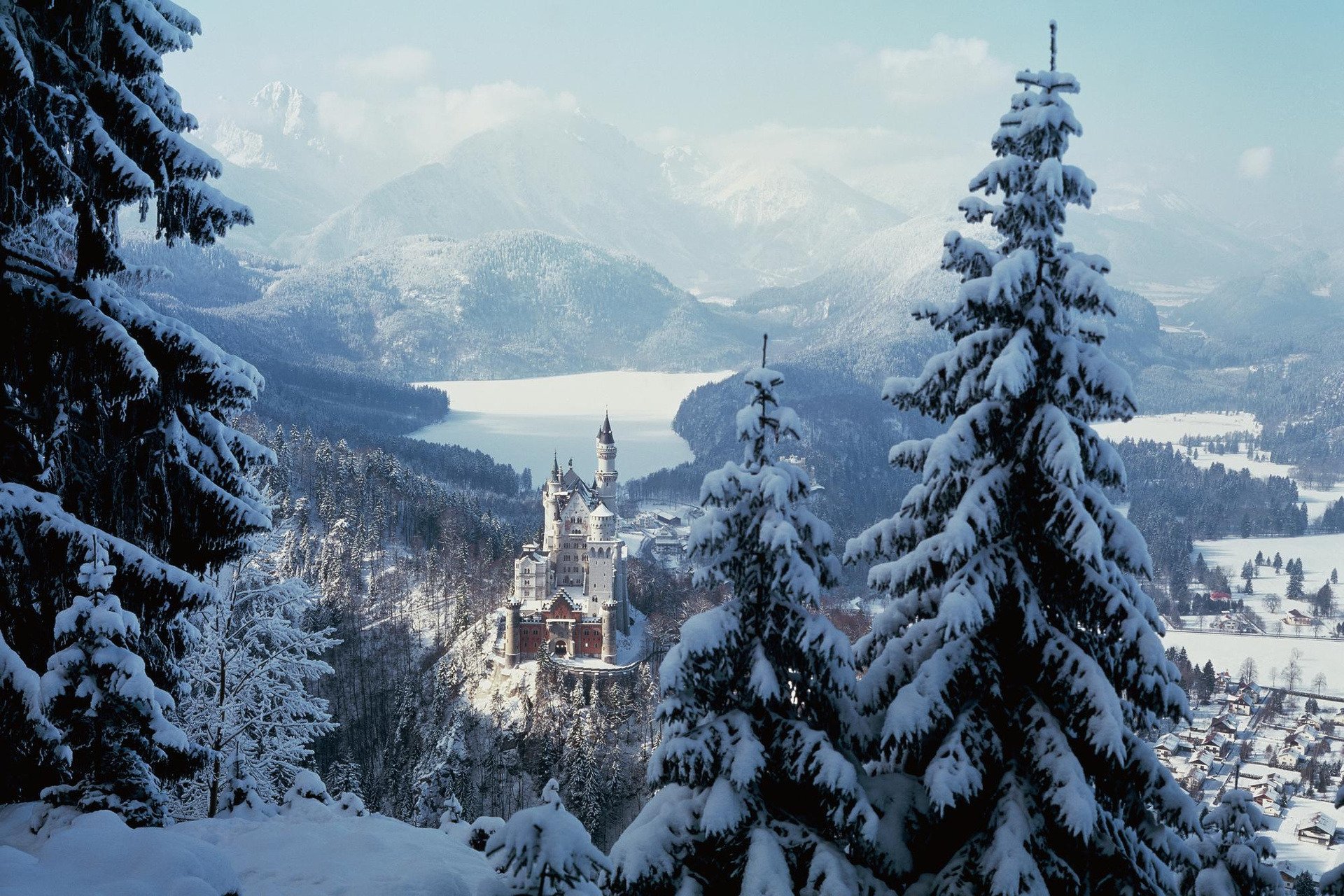 hiver arbres montagnes forêt neige ville château neuschwanstein