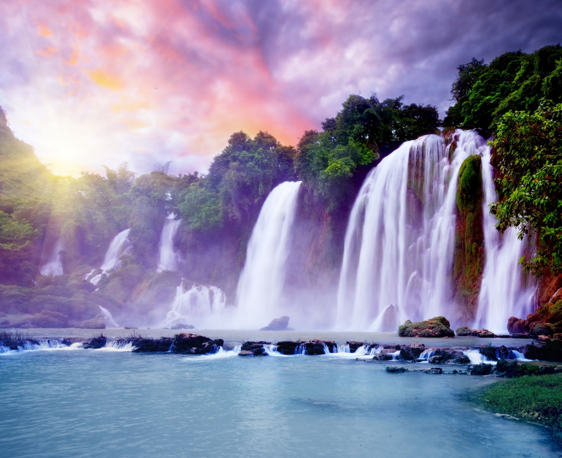 beautiful waterfall waterfall tropics yarkon sun beautiful sky clouds paradise