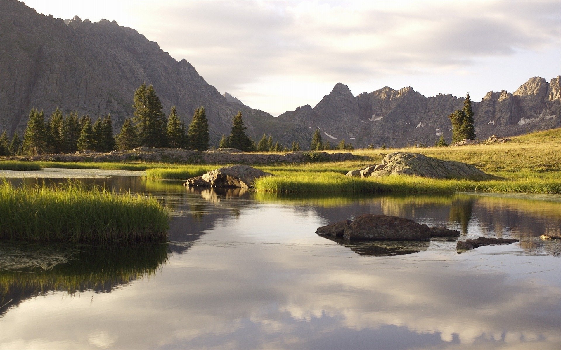 landscape nature tree mountain stones water river grass sky