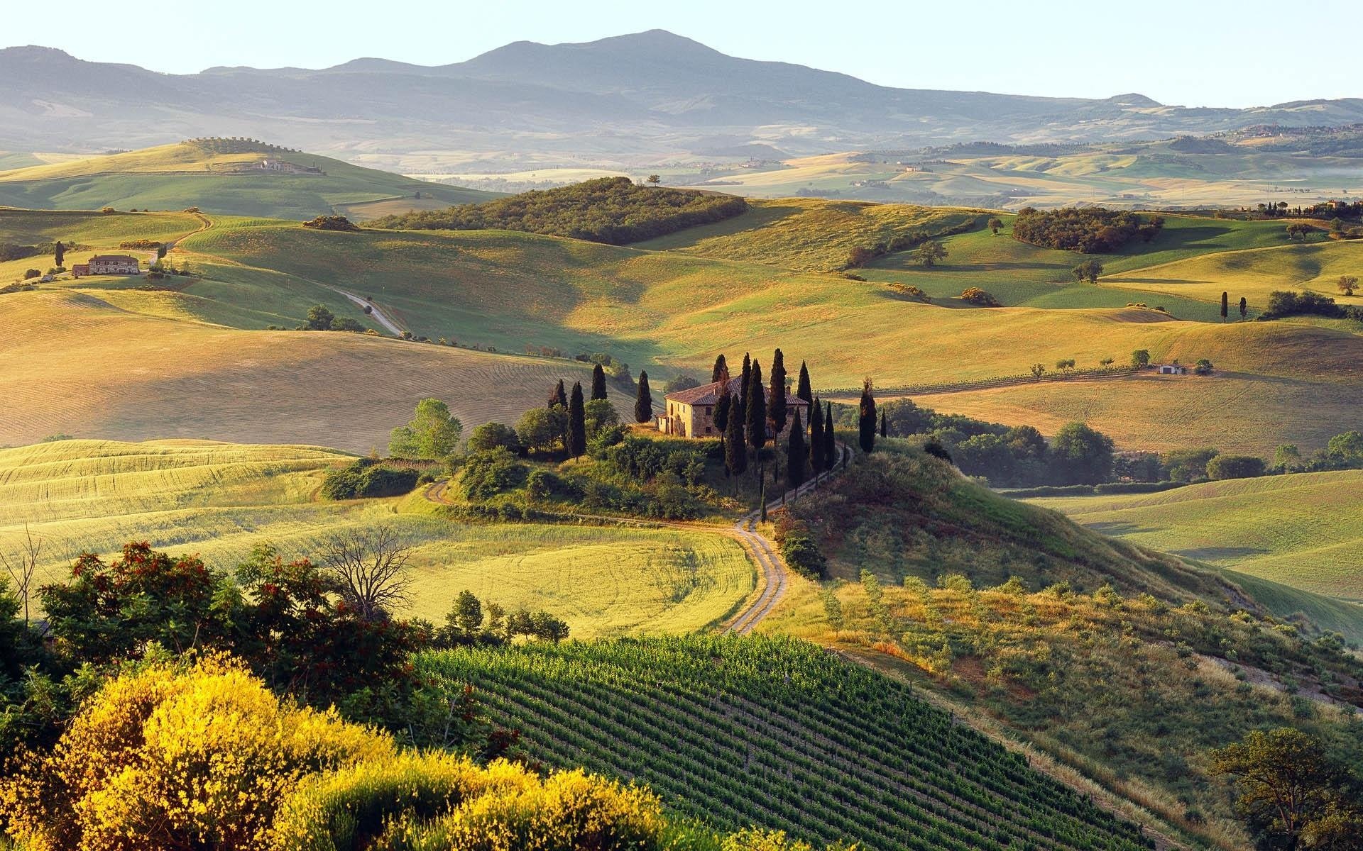 paesaggio colline natura alberi case montagne strada autunno