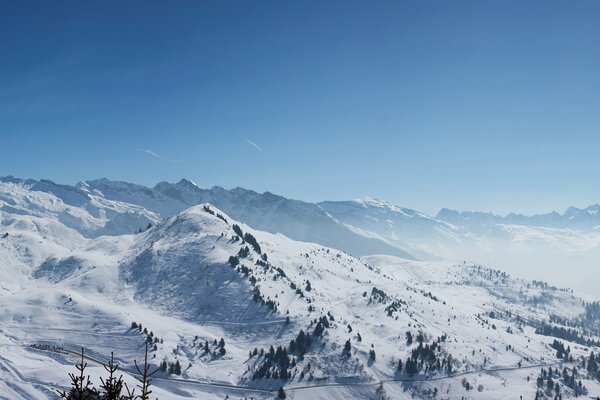 Winter landscape of snow-capped mountains