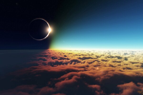 Solar eclipse over blue clouds