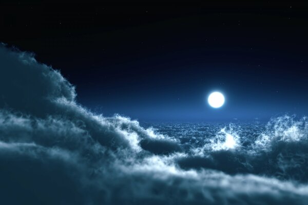 Paesaggio della luna sopra le nuvole in tonalità blu