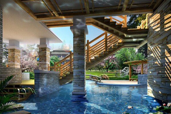 Swimming pool on the ground floor of a house with mountains, foliage in Japanese style