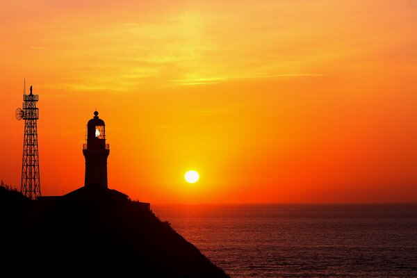 Lighthouse on the background of sunset in the ocean