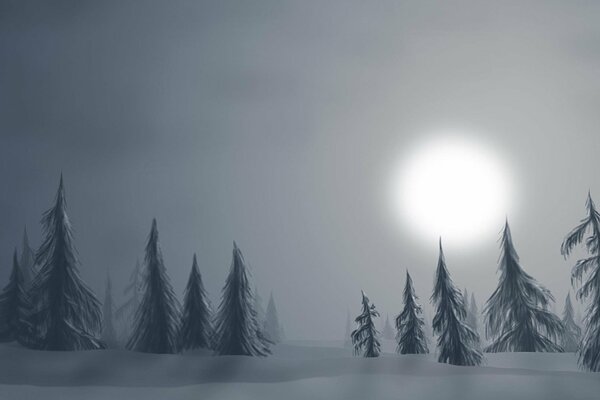 Lune sur les sapins dans le brouillard dans la neige