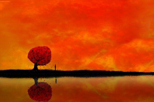 A lonely tree with a man in bright orange shades