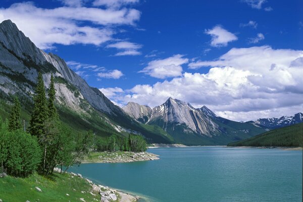 Paisaje del lago rodeado de montañas y árboles