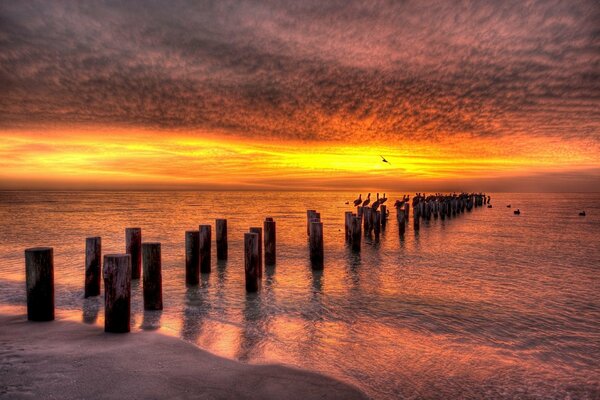 Destroyed bridges on the background of the sunset sky