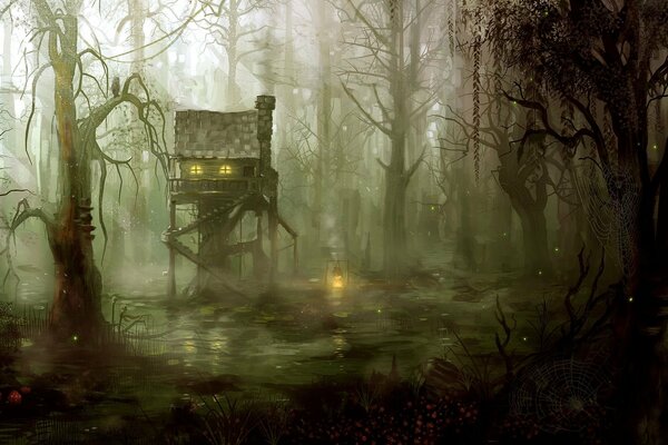 A strange hut in a gloomy forest