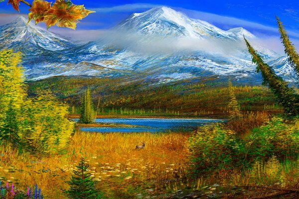 Otoño en Alaska. Pintura de las montañas