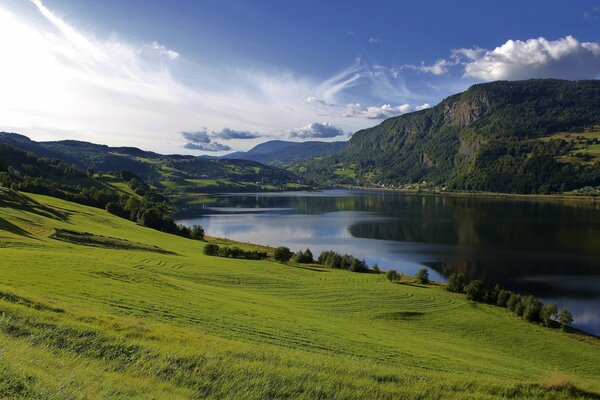 Landscape of a lake in green hills near a field, summer clouds