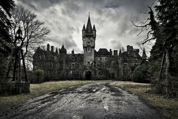 Ein düsteres Schloss steht einsam im Wald